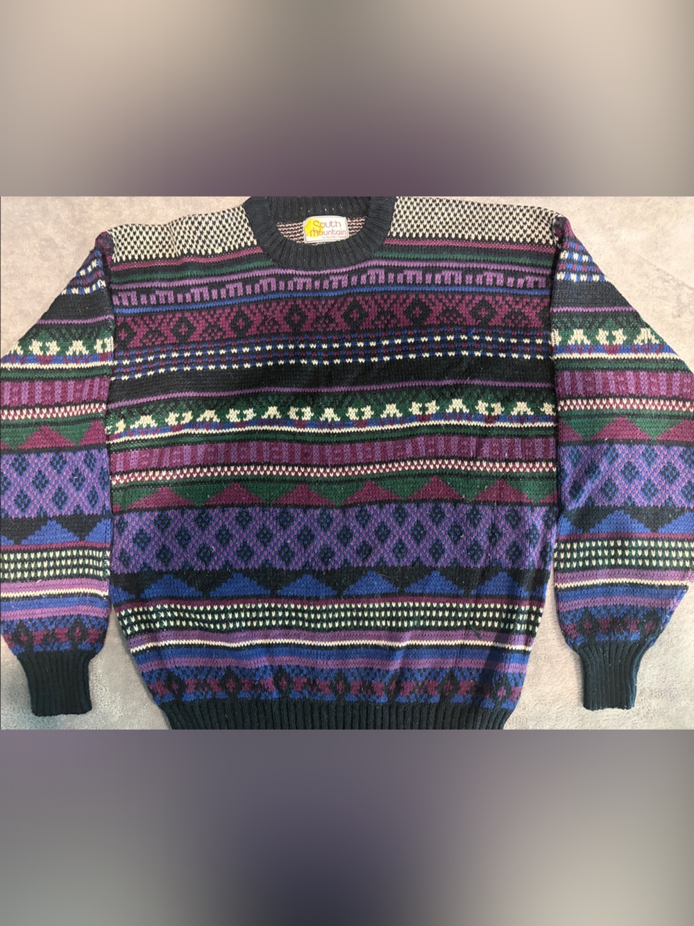Men's Patterned Crewneck Sweater in Navy, Purple & Green